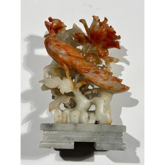 Chinese handcarved multi color Soapstone Sculpture Bird with Flower approx 6"H